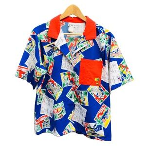 Vintage Koret Blouse Shirt Top Postcards Palm Trees Red Blue Size L Large Preppy